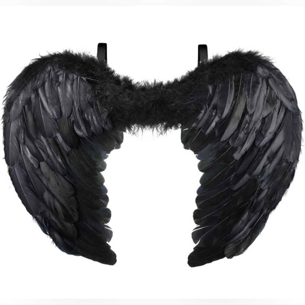 Black Feathered Angel Wings Dark Angel Fallen Angel Wings w/ Shoulder Straps NEW